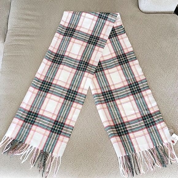 LOFT Outlet Plaid Cream Green Red Pink Fringe Hem Winter Scarf - Picture 1 of 7